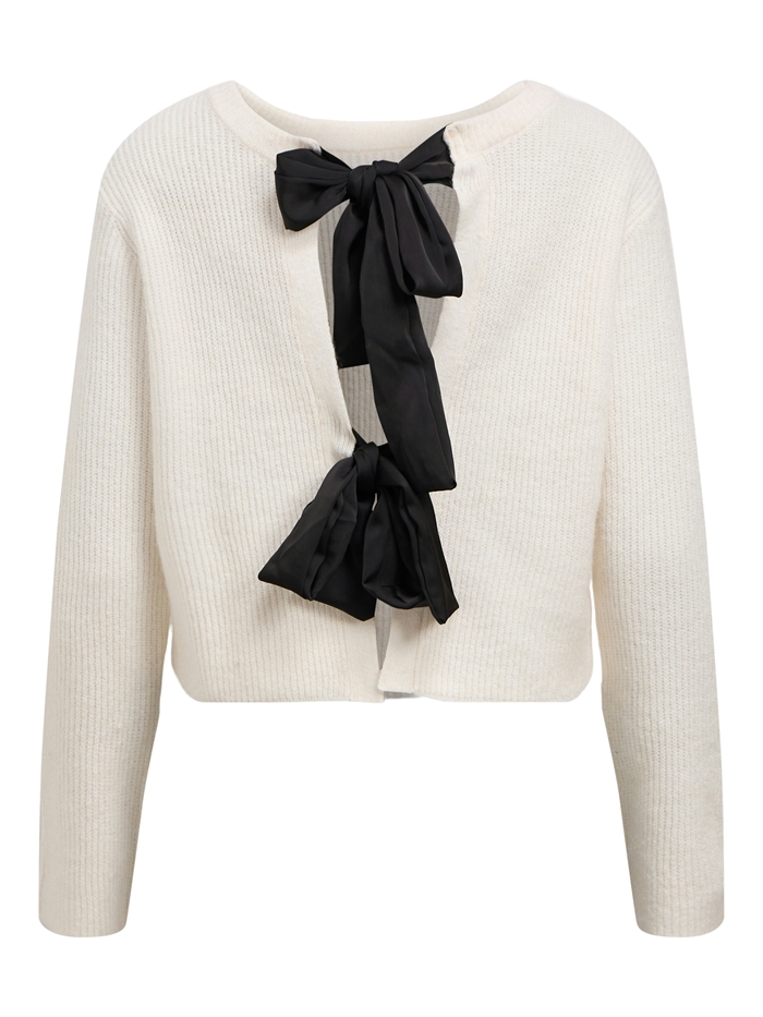 Object ObjParvi Sateen Bow Knit cardigan White sand / Black - Shop Online Her