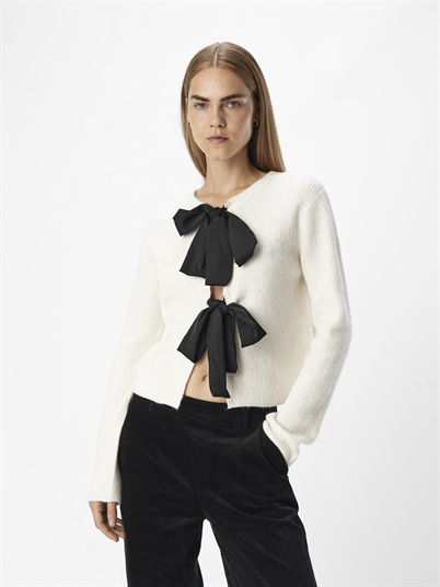 Object ObjParvi Sateen Bow Knit cardigan White sand / Black - Shop Online Her