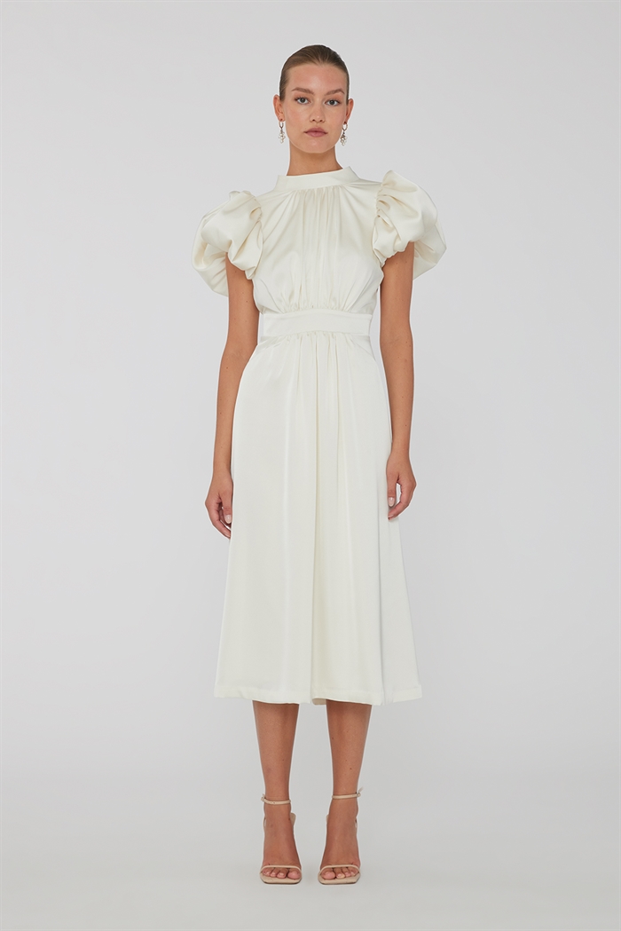 Rotate Birger Christensen Satin Puff Midi Kjole Egret Shop Online Hos Blossom