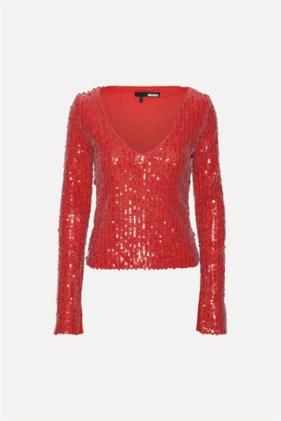 Rotate Birger Christensen Sequins LS V-Neck Top Racing Red - Shop Online Her