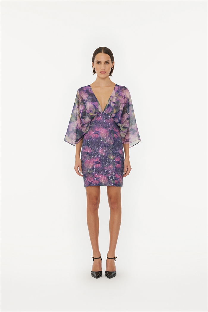 Rotate Birger Christensen Printed Mini V-Neck Dress Twilight Blue Comb - Shop Online Her