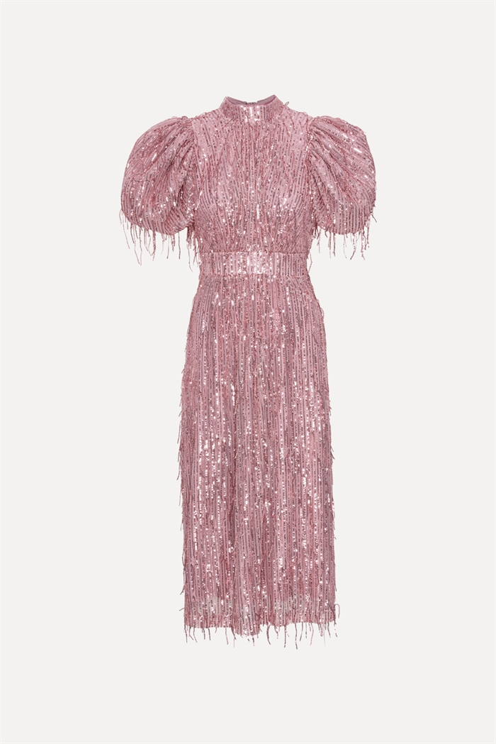 Rotate Birger Christensen Sequin Fringes Puffy Dress Peachskin - Shop Online Her