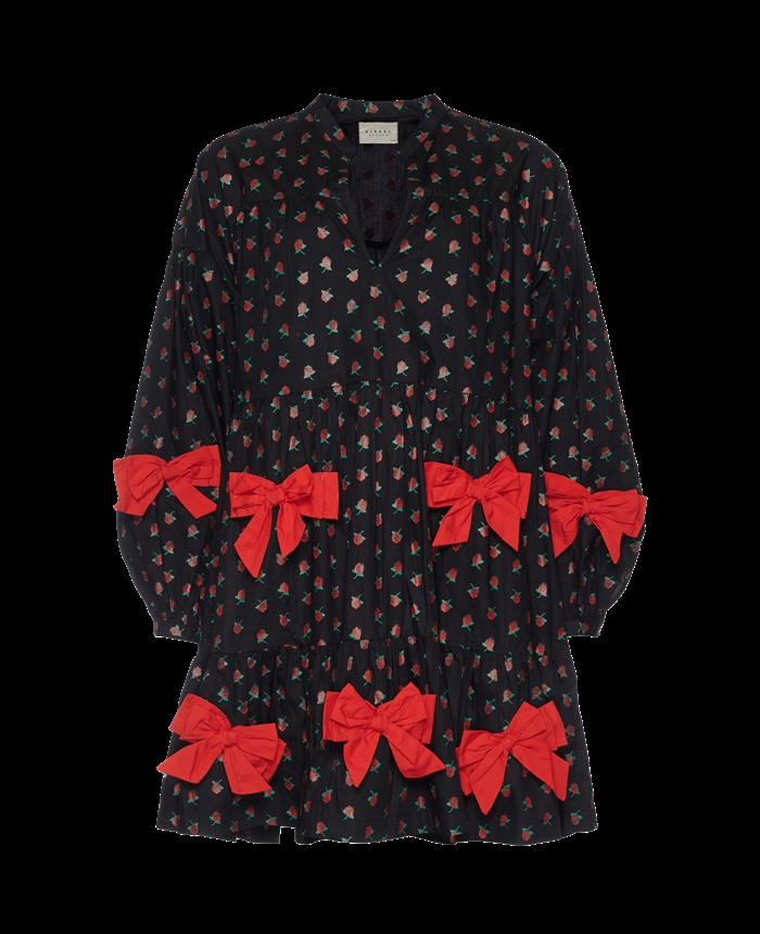 Sissel Edelbo Bow Organic Cotton Dress Black w. Red Roses - Shop Online Her