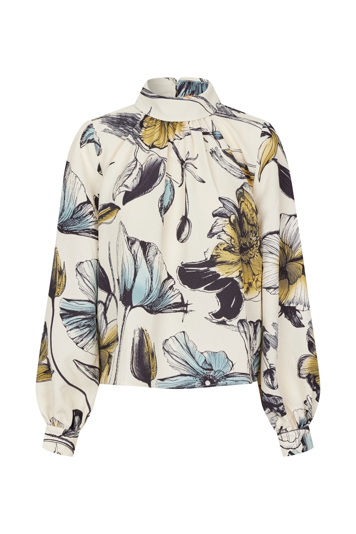 Stine Goya Gathered Long Sleeve Top Fine Line Poppies - Shop Online Her